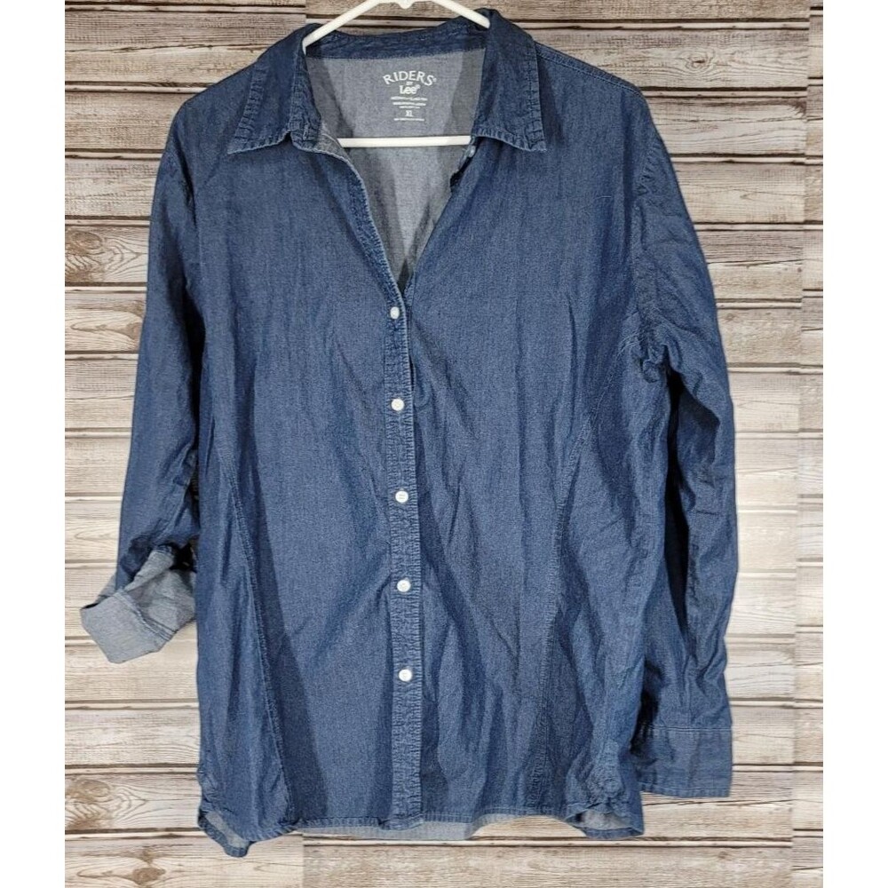 Riders by Lee Womens Denim Button-Down Shirt Dark Wash Blue Size XL Western